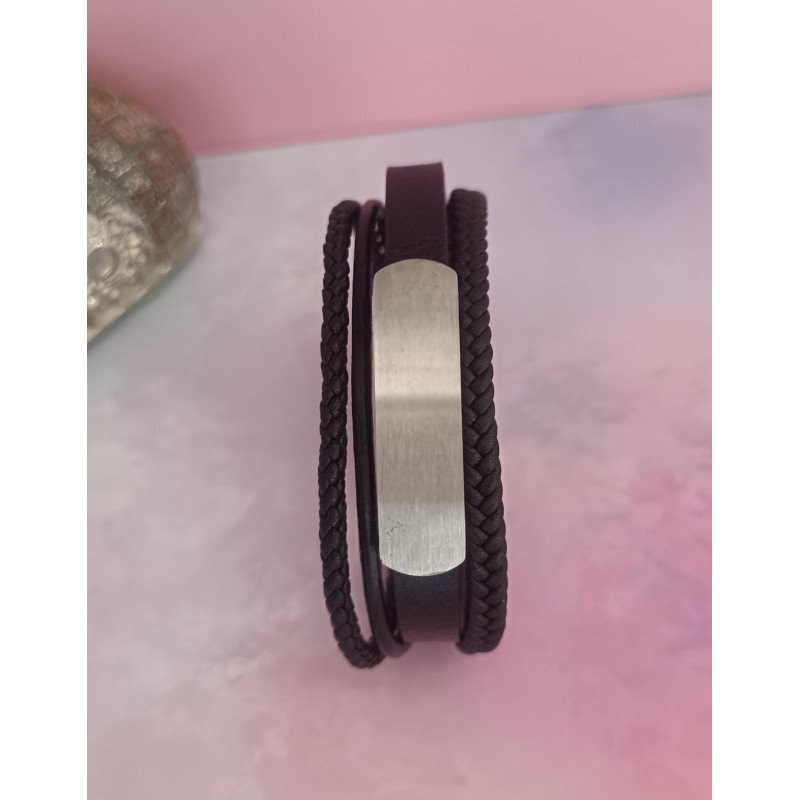 PULSERA DE ACERO Y CUERO CON PLACA MATE