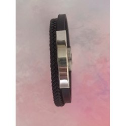 PULSERA DE ACERO Y CUERO DOBLE TRENZADA CON PLACA