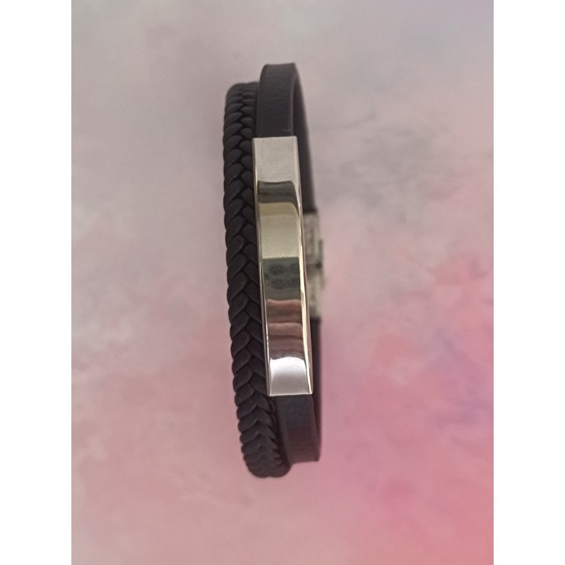 PULSERA DE ACERO Y CUERO DOBLE TRENZADA CON PLACA