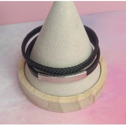PULSERA DE ACERO Y CUERO DOBLE TRENZADA CON PLACA