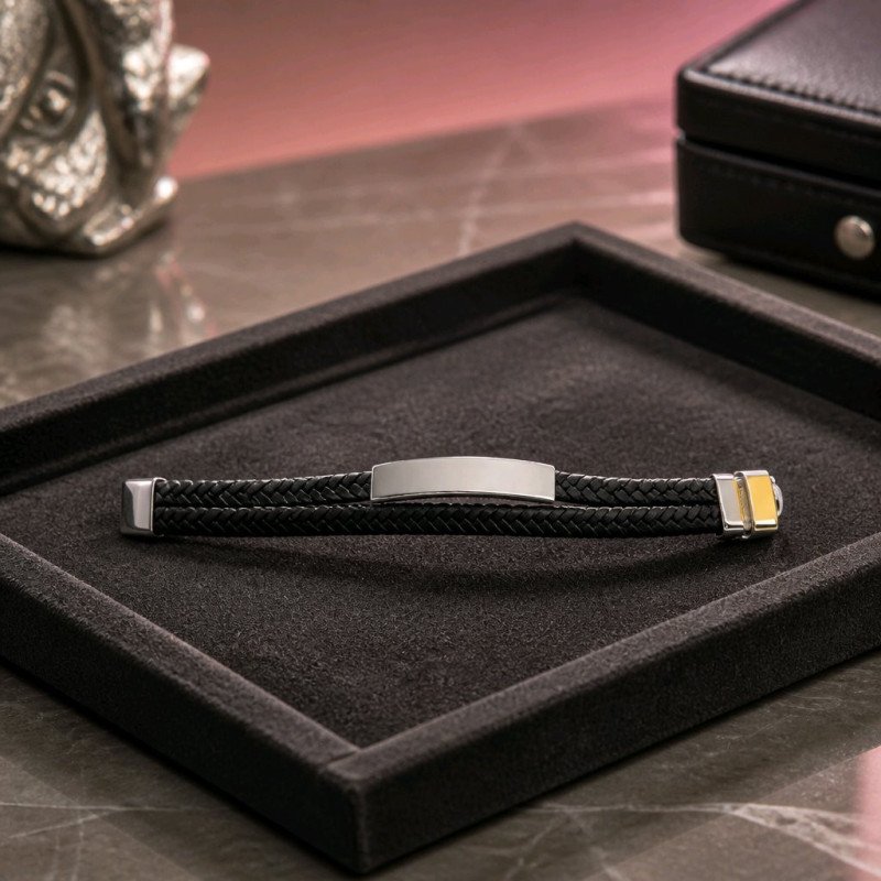 PULSERA DE ACERO Y CUERO DOBLE TRENZADA CON PLACA
