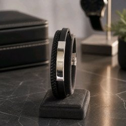 PULSERA DE ACERO Y CUERO DOBLE TRENZADA CON PLACA